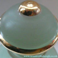 Load image into Gallery viewer, Stylish 1950s LAEKEN CRISTAL Green Frosted Glass &amp; Gold Decanter with Six Small Tumblers: Made in Belgium
