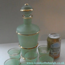Load image into Gallery viewer, Stylish 1950s LAEKEN CRISTAL Green Frosted Glass &amp; Gold Decanter with Six Small Tumblers: Made in Belgium
