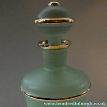 Load image into Gallery viewer, Stylish 1950s LAEKEN CRISTAL Green Frosted Glass &amp; Gold Decanter with Six Small Tumblers: Made in Belgium
