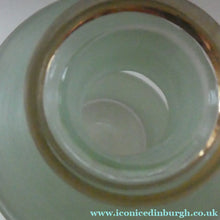 Load image into Gallery viewer, Stylish 1950s LAEKEN CRISTAL Green Frosted Glass &amp; Gold Decanter with Six Small Tumblers: Made in Belgium
