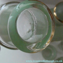 Load image into Gallery viewer, Stylish 1950s LAEKEN CRISTAL Green Frosted Glass &amp; Gold Decanter with Six Small Tumblers: Made in Belgium
