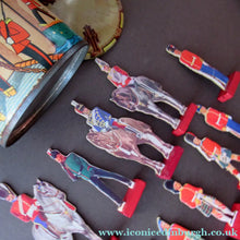 Load image into Gallery viewer, 1950s Box of Printed Card Toy Soldiers with Wooden Stands. MASCOT
