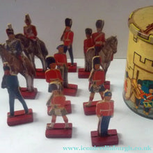 Load image into Gallery viewer, 1950s Box of Printed Card Toy Soldiers with Wooden Stands. MASCOT
