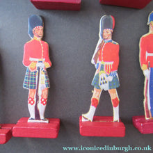 Load image into Gallery viewer, 1950s Box of Printed Card Toy Soldiers with Wooden Stands. MASCOT
