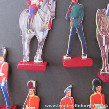 Load image into Gallery viewer, 1950s Box of Printed Card Toy Soldiers with Wooden Stands. MASCOT
