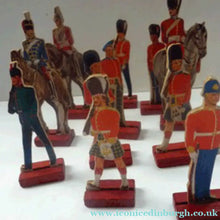 Load image into Gallery viewer, 1950s Box of Printed Card Toy Soldiers with Wooden Stands. MASCOT
