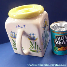 Load image into Gallery viewer, 1950s BRISTOL POTTERY Kitchen Canister or Storage Jar. Vintage Old Delft Tulip Design with Carrying Handle. SALT
