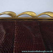 Load image into Gallery viewer, 1950s Vintage Brown Lizard Skin Handbag with Fancy Brass Clasp
