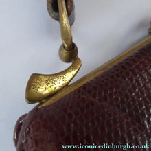 Load image into Gallery viewer, 1950s Vintage Brown Lizard Skin Handbag with Fancy Brass Clasp
