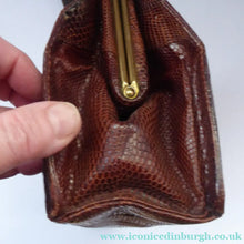Load image into Gallery viewer, 1950s Vintage Brown Lizard Skin Handbag with Fancy Brass Clasp
