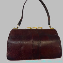 Load image into Gallery viewer, 1950s Vintage Brown Lizard Skin Handbag with Fancy Brass Clasp
