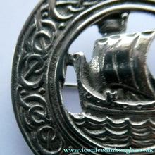 Load image into Gallery viewer, Vintage 1950s Celtic Design Hallmarked Silver Brooch by Robert Allison with Viking Ship Design

