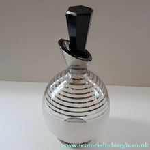 Load image into Gallery viewer, ART DECO Style. 1950s Bohemian / Czech Glass Decanter with Silvered Hoops &amp; Faceted Black Glass Stopper
