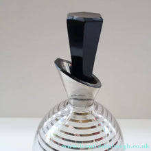 Load image into Gallery viewer, ART DECO Style. 1950s Bohemian / Czech Glass Decanter with Silvered Hoops &amp; Faceted Black Glass Stopper
