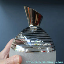 Load image into Gallery viewer, ART DECO Style. 1950s Bohemian / Czech Glass Decanter with Silvered Hoops &amp; Faceted Black Glass Stopper
