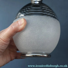 Load image into Gallery viewer, ART DECO Style. 1950s Bohemian / Czech Glass Decanter with Silvered Hoops &amp; Faceted Black Glass Stopper
