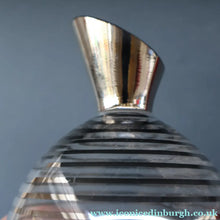 Load image into Gallery viewer, ART DECO Style. 1950s Bohemian / Czech Glass Decanter with Silvered Hoops &amp; Faceted Black Glass Stopper
