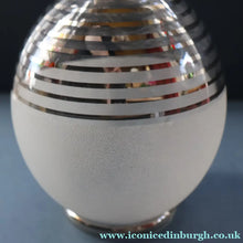 Load image into Gallery viewer, ART DECO Style. 1950s Bohemian / Czech Glass Decanter with Silvered Hoops &amp; Faceted Black Glass Stopper
