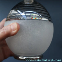 Load image into Gallery viewer, ART DECO Style. 1950s Bohemian / Czech Glass Decanter with Silvered Hoops &amp; Faceted Black Glass Stopper
