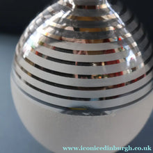 Load image into Gallery viewer, ART DECO Style. 1950s Bohemian / Czech Glass Decanter with Silvered Hoops &amp; Faceted Black Glass Stopper
