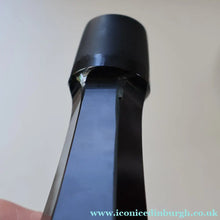 Load image into Gallery viewer, ART DECO Style. 1950s Bohemian / Czech Glass Decanter with Silvered Hoops &amp; Faceted Black Glass Stopper
