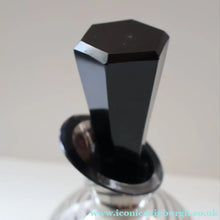 Load image into Gallery viewer, ART DECO Style. 1950s Bohemian / Czech Glass Decanter with Silvered Hoops &amp; Faceted Black Glass Stopper
