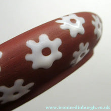 Load image into Gallery viewer, 1950s DANISH ART POTTERY Rosy Ring by Zeuthen Keramik by Edith Nielsen. Terracotta Glaze and Raised Gloss White Flowers
