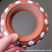 Load image into Gallery viewer, 1950s DANISH ART POTTERY Rosy Ring by Zeuthen Keramik by Edith Nielsen. Terracotta Glaze and Raised Gloss White Flowers
