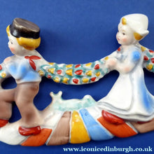 Load image into Gallery viewer, 1950s Nursery Wall Plaque Dutch Boy and Girl Carrying Garland of Tulips

