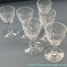 Load image into Gallery viewer, 1950s Edinburgh Crystal Set of Six Tiny Liqueur Glasses. 3 inches high - VINTAGE CRYSTAL GLASSES

