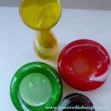 Load image into Gallery viewer, Set of FOUR 1950s JAPANESE Swirl Art Glass Bowls and Vase. KAMEI Glass with Mount Royal Retailers Sticker 

