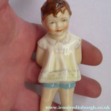 Load image into Gallery viewer, 1950s Freda Doughty Royal Worcester Figurine: TOMMY 2913. Issue with brown hair, yellow shirt and blue shorts
