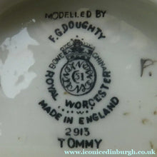 Load image into Gallery viewer, 1950s Freda Doughty Royal Worcester Figurine: TOMMY 2913. Issue with brown hair, yellow shirt and blue shorts
