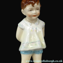 Load image into Gallery viewer, 1950s Freda Doughty Royal Worcester Figurine: TOMMY 2913. Issue with brown hair, yellow shirt and blue shorts
