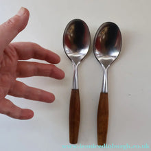 Load image into Gallery viewer, 1950s. PAIR of Vintage DANSK Fjord Pattern Dessert or Soup Spoons. Stainless Steel with Teak Handles. 7 1/8 inches
