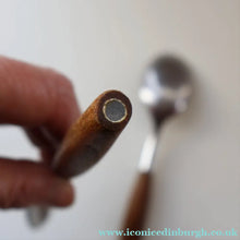 Load image into Gallery viewer, 1950s. PAIR of Vintage DANSK Fjord Pattern Dessert or Soup Spoons. Stainless Steel with Teak Handles. 7 1/8 inches
