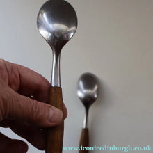 Load image into Gallery viewer, 1950s. PAIR of Vintage DANSK Fjord Pattern Dessert or Soup Spoons. Stainless Steel with Teak Handles. 7 1/8 inches
