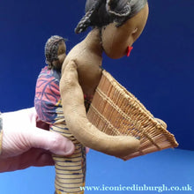 Load image into Gallery viewer, CLOTH DOLL. Vintage 1950s Native Lady Doll. Hand Made Lady Carrying a Wicker Basket and with Baby on her Back
