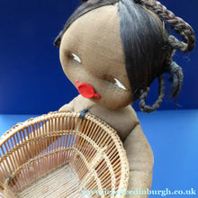 Load image into Gallery viewer, CLOTH DOLL. Vintage 1950s Native Lady Doll. Hand Made Lady Carrying a Wicker Basket and with Baby on her Back
