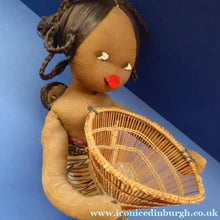 Load image into Gallery viewer, CLOTH DOLL. Vintage 1950s Native Lady Doll. Hand Made Lady Carrying a Wicker Basket and with Baby on her Back
