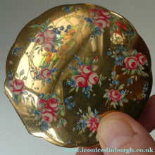 Load image into Gallery viewer, 1950s Iris POWDER COMPACT with Flowers and Mirror Finish Gold Tone Background

