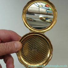 Load image into Gallery viewer, 1950s Iris POWDER COMPACT with Flowers and Mirror Finish Gold Tone Background

