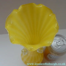Load image into Gallery viewer, Vintage 1950s Italian / Murano Tall Glass Vase with Pale Yellow and Lemon Stripes. Height 10 inches
