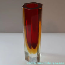 Load image into Gallery viewer, 1950s Italian Tall Sommerso Faceted Vase. Hexagonal Shape with Red Yellow &amp; Clear Glass. 8 inches - European Glass
