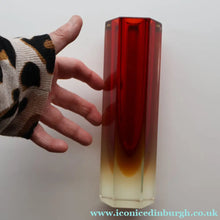 Load image into Gallery viewer, 1950s Italian Tall Sommerso Faceted Vase. Hexagonal Shape with Red Yellow &amp; Clear Glass. 8 inches - European Glass
