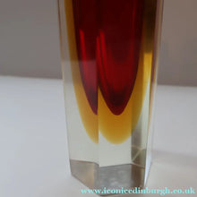 Load image into Gallery viewer, 1950s Italian Tall Sommerso Faceted Vase. Hexagonal Shape with Red Yellow &amp; Clear Glass. 8 inches - European Glass

