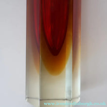 Load image into Gallery viewer, 1950s Italian Tall Sommerso Faceted Vase. Hexagonal Shape with Red Yellow &amp; Clear Glass. 8 inches - European Glass
