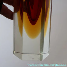 Load image into Gallery viewer, 1950s Italian Tall Sommerso Faceted Vase. Hexagonal Shape with Red Yellow &amp; Clear Glass. 8 inches - European Glass
