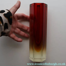 Load image into Gallery viewer, 1950s Italian Tall Sommerso Faceted Vase. Hexagonal Shape with Red Yellow &amp; Clear Glass. 8 inches - European Glass
