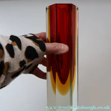 Load image into Gallery viewer, 1950s Italian Tall Sommerso Faceted Vase. Hexagonal Shape with Red Yellow &amp; Clear Glass. 8 inches - European Glass
